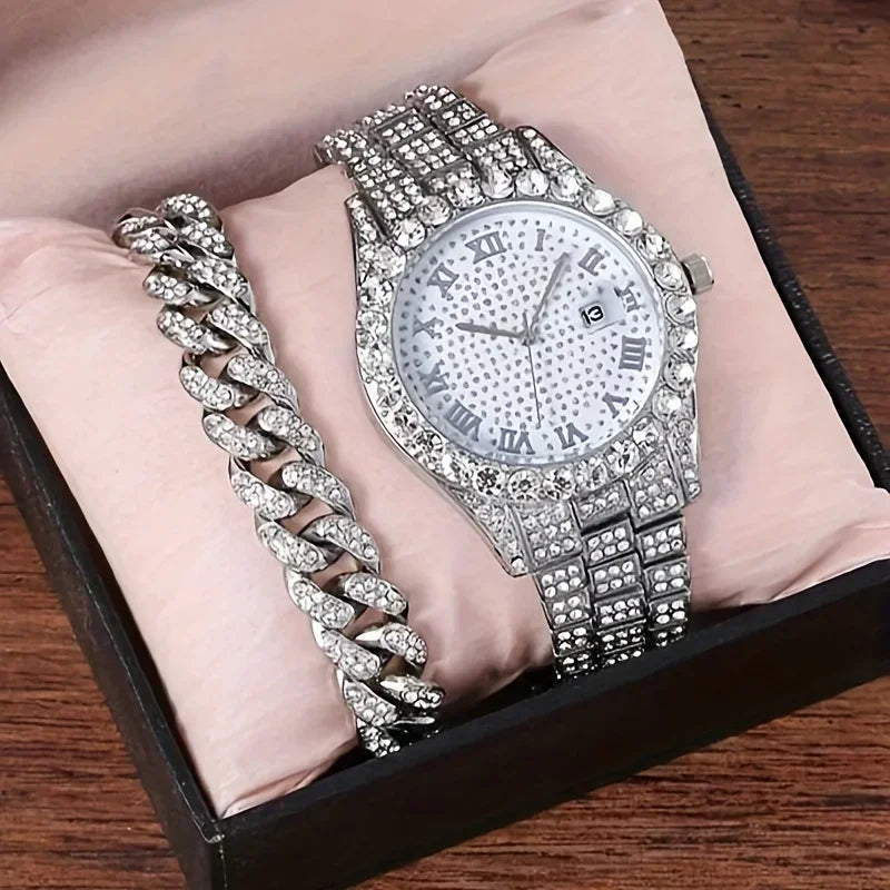 2pcs/set, Rhinestone Studded Calendar Ladies Quartz Watch And 1pc Rhinestone Jewelry Set Qme