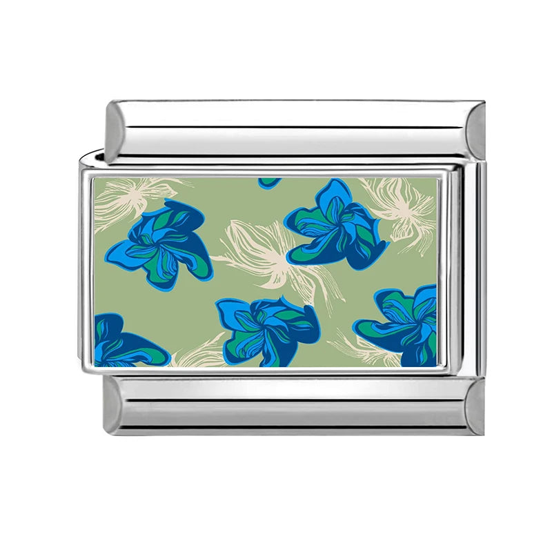 Fashion Oil Painting Green Background Color Flowers Italian Charm Links Fit 9mm Stainless Steel Bracelet Jewelry DIY Making Bead Qme Style 37