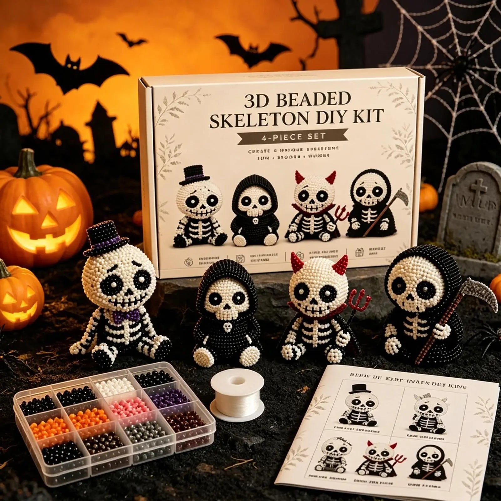 3D Beaded Skeleton Craft Set Halloween Adorable Keepsake Mini 3D Beaded Skeleton Crafting Set for Home Party Classroom School Qme