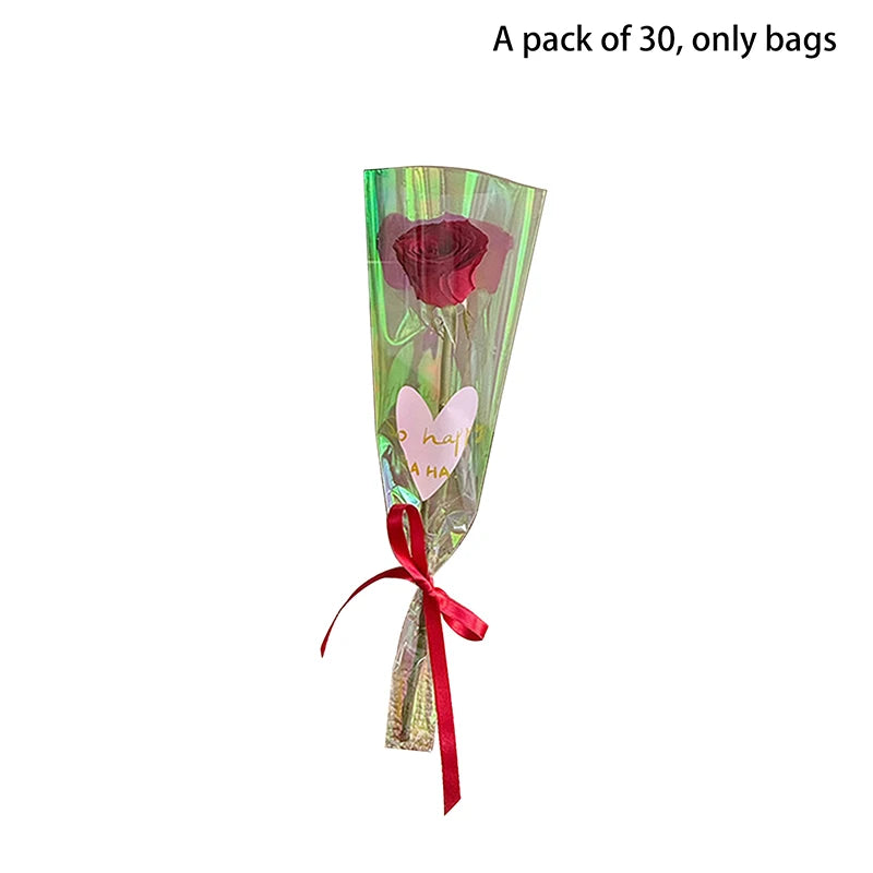 30PCS Love Heart Iridescent Single Rose Sleeves DIY Transparent Flower Wrapping Bag Floral Material Packaging Waterproof Qme S color
