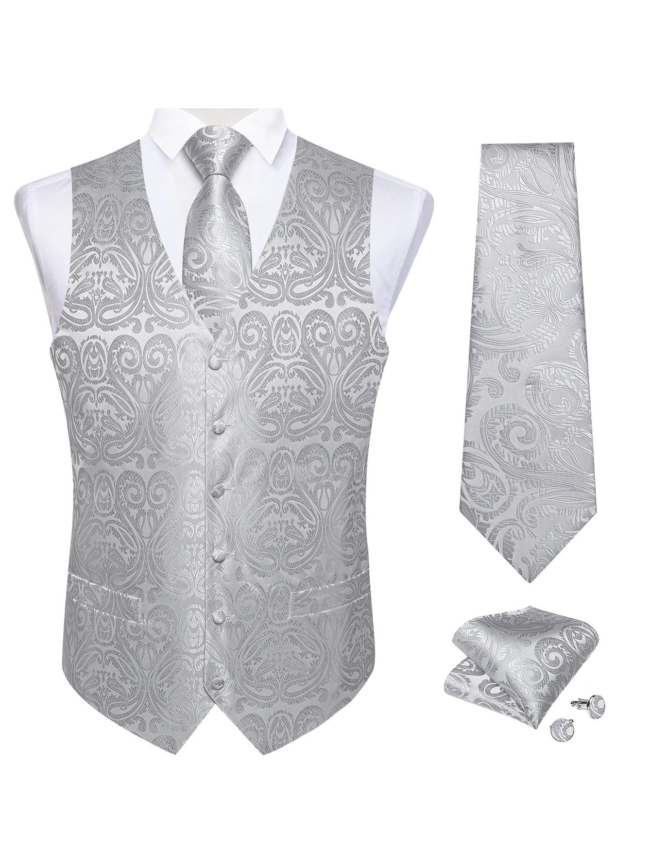 Men's Formal Suit Vest & Tie Set – Waistcoat with Necktie Pocket Square, Perfect for Weddings and Business Events Qme MJTZ0140 XXL