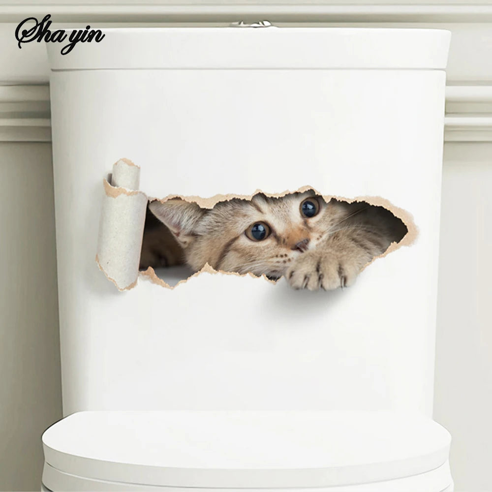 Cartoon Hole Breaking Cat Toilet Sticker, Bathroom Beautification Decoration Toilet Cover Waterproof Sticker Qme