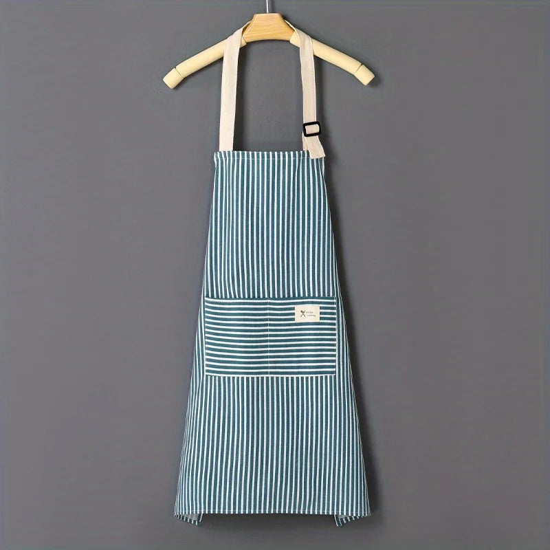 Striped Cotton Linen Apron, Adjustable Neck Strap, Kitchen Cooking Apron With Pocket, For Women Men Qme Blue 1pc
