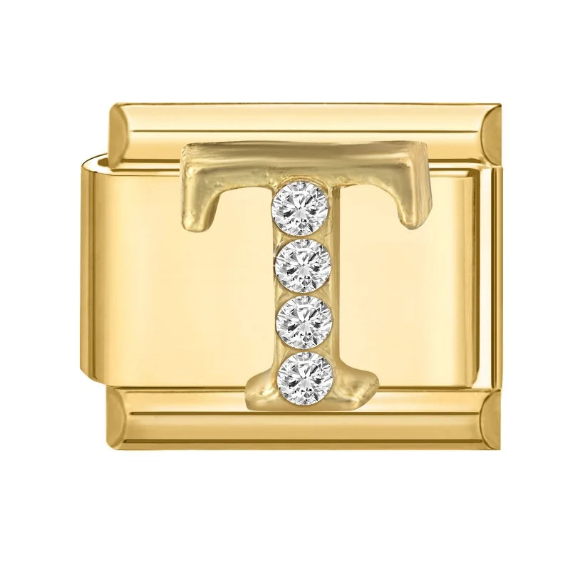 Wholesale Shiny CZ 26 Letters A-Z Gold Color Italian Charms Gold Plated 9mm Stainless Steel Modular Bracelet DIY Jewelry Gift Qme T