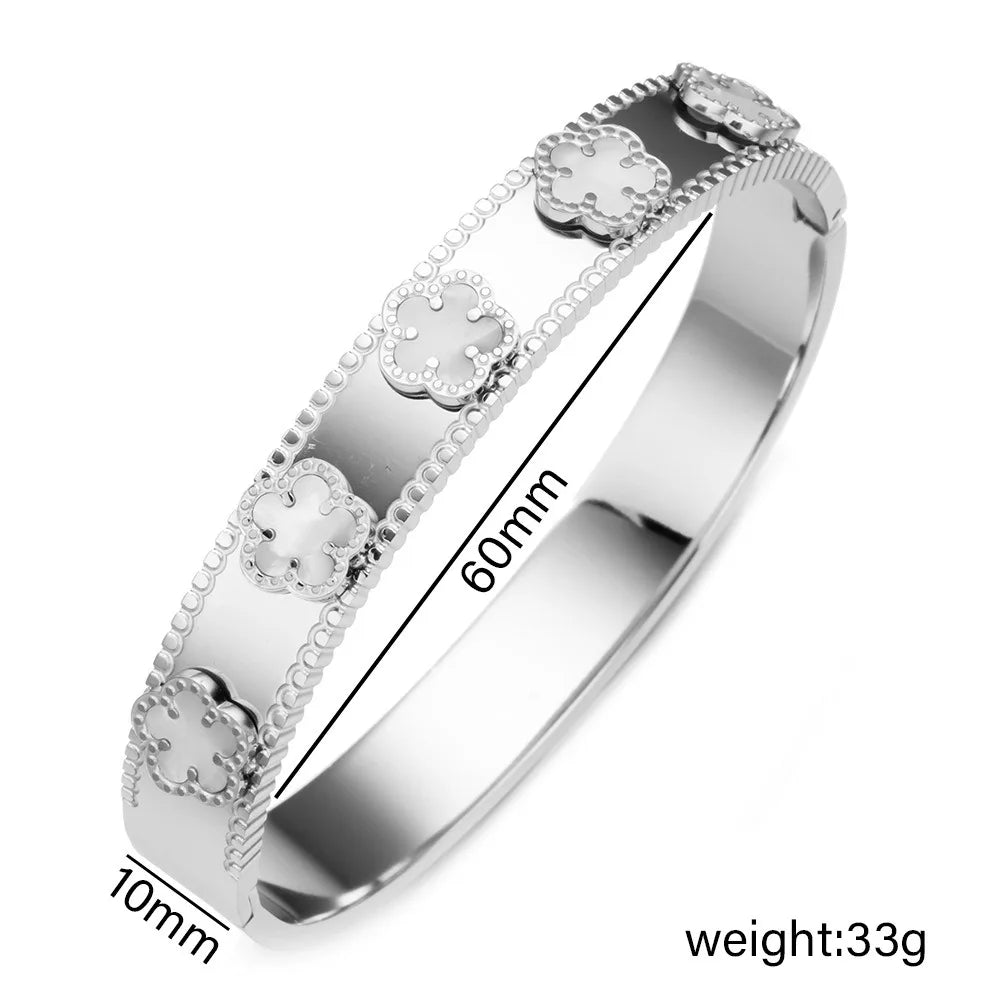 Unisex Gold/Silver Classic Stainless Steel Laser Five-Leaf Flower Open Bracelet & Bangles Simple For Woman Party Jewelry Clover Qme Silver 2