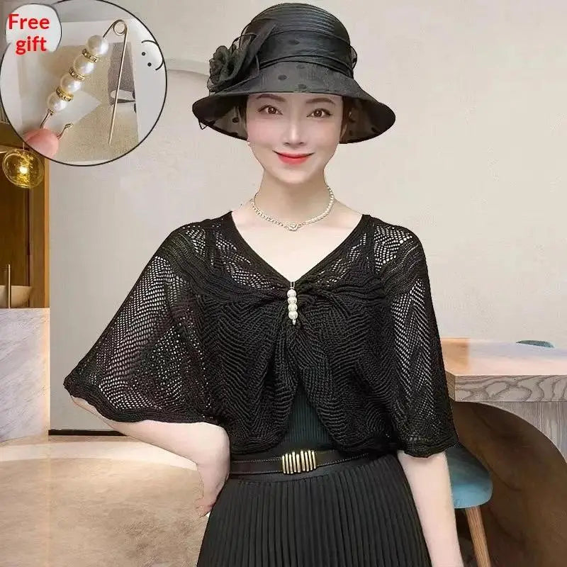 Fashion Knitted Shawl Brooch Hollow Out Summer Air Conditioning Fake Qme Black