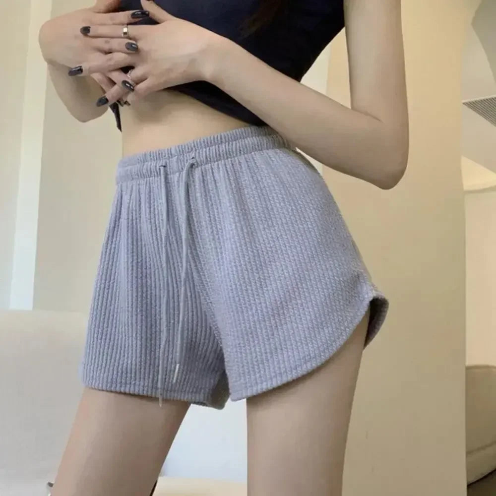 Women Shorts Summer High Elastic Lace Up Drawstring Wide Leg Sweat Short Fitness Pants Loose Fit Comfortable Spring Season Qme