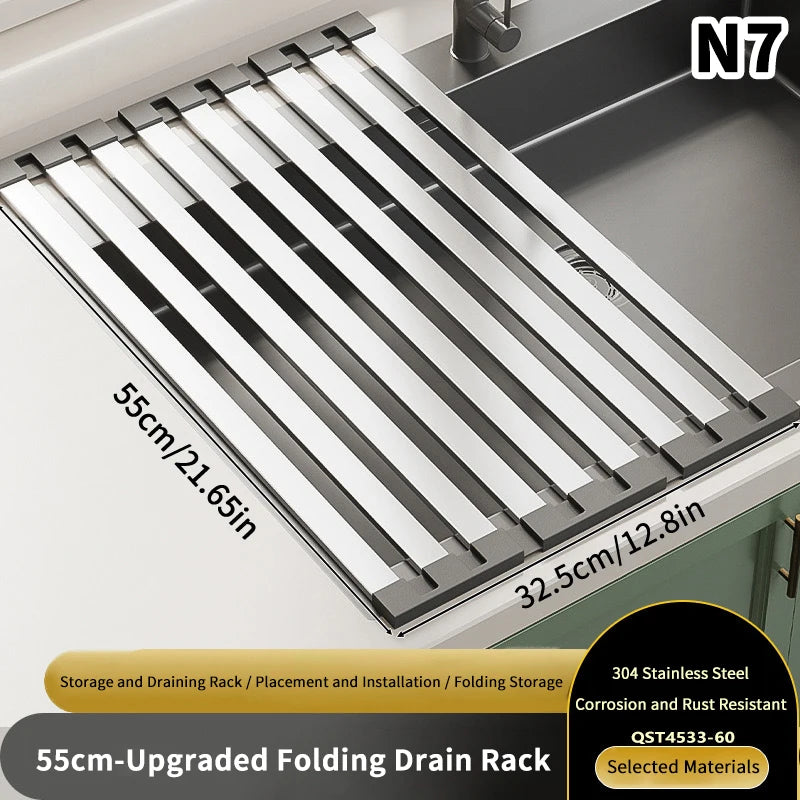 Stainless Steel Kitchen Sink Drain Rack Foldable Dish Drainer Bowl Qme 7
