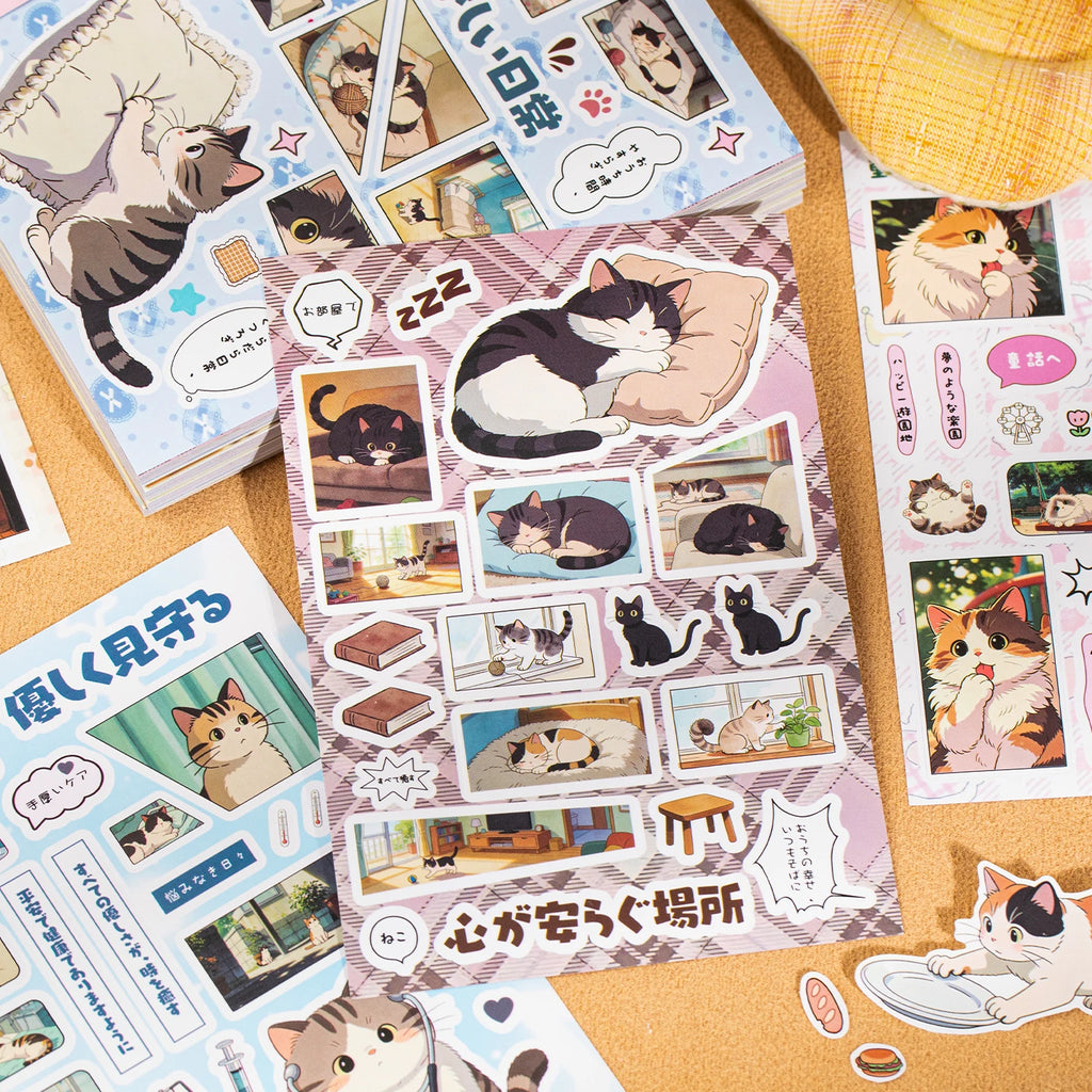 Japanese Wabi-Sabi Daily Cat Sticker Book, Cute Feline Film-Style Stickers for Journal Collage & Lazy Home Life Scrapbooking Qme