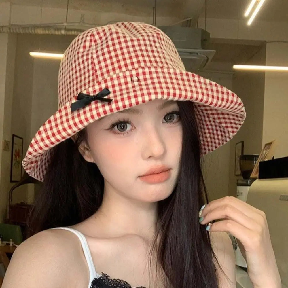 Stylish Black Bowknot Plaid Bucket Hat Casual Gingham Check Wide Brim Sun Hat Dome Basin Versatile Fisherman Hat Vacation Qme
