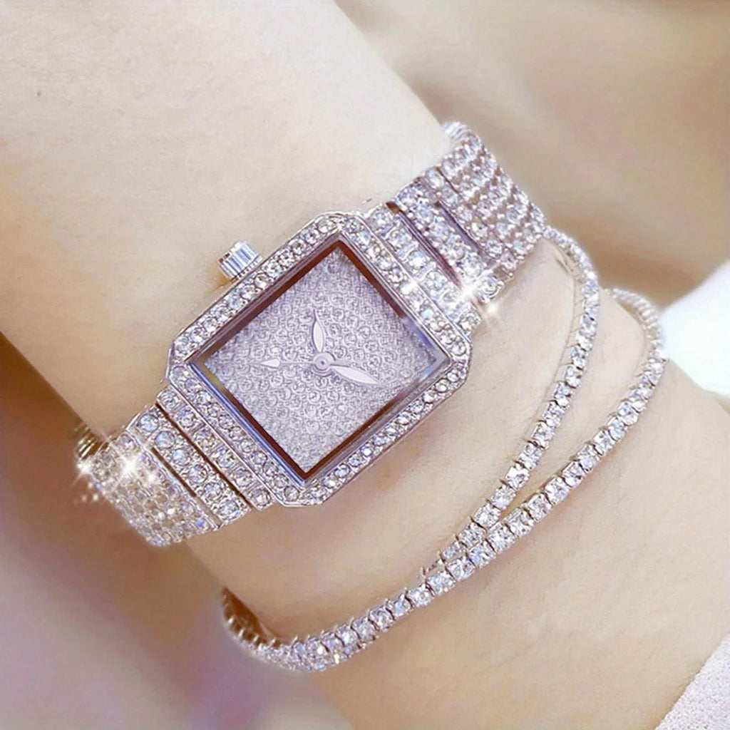 3pcs/set Ladies Watch Luxury Women Watch Crystal Rhinestone Watches Quartz Stainless Steel Strap Wristwatch Square Dial Wrist Qme Silver