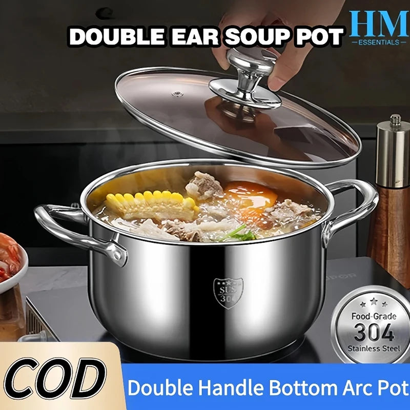 Double Handle Soup Pot Glass Cover Induction Cooker Cooking Stainless Qme