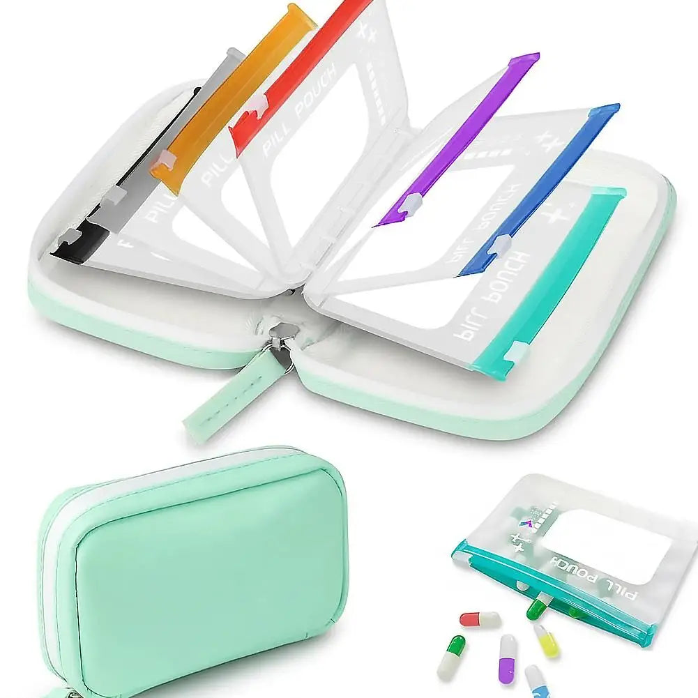 Waterproof Pill Pouches Organizer Binder Case Color-coded Reusable Qme green 7pcs Pouches