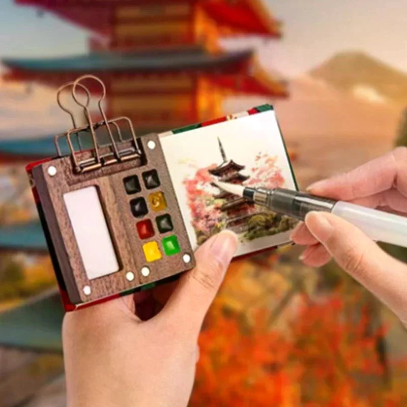 Mini Walnut Wood Watercolor Palette Portable Paint Box Clip Travel Qme