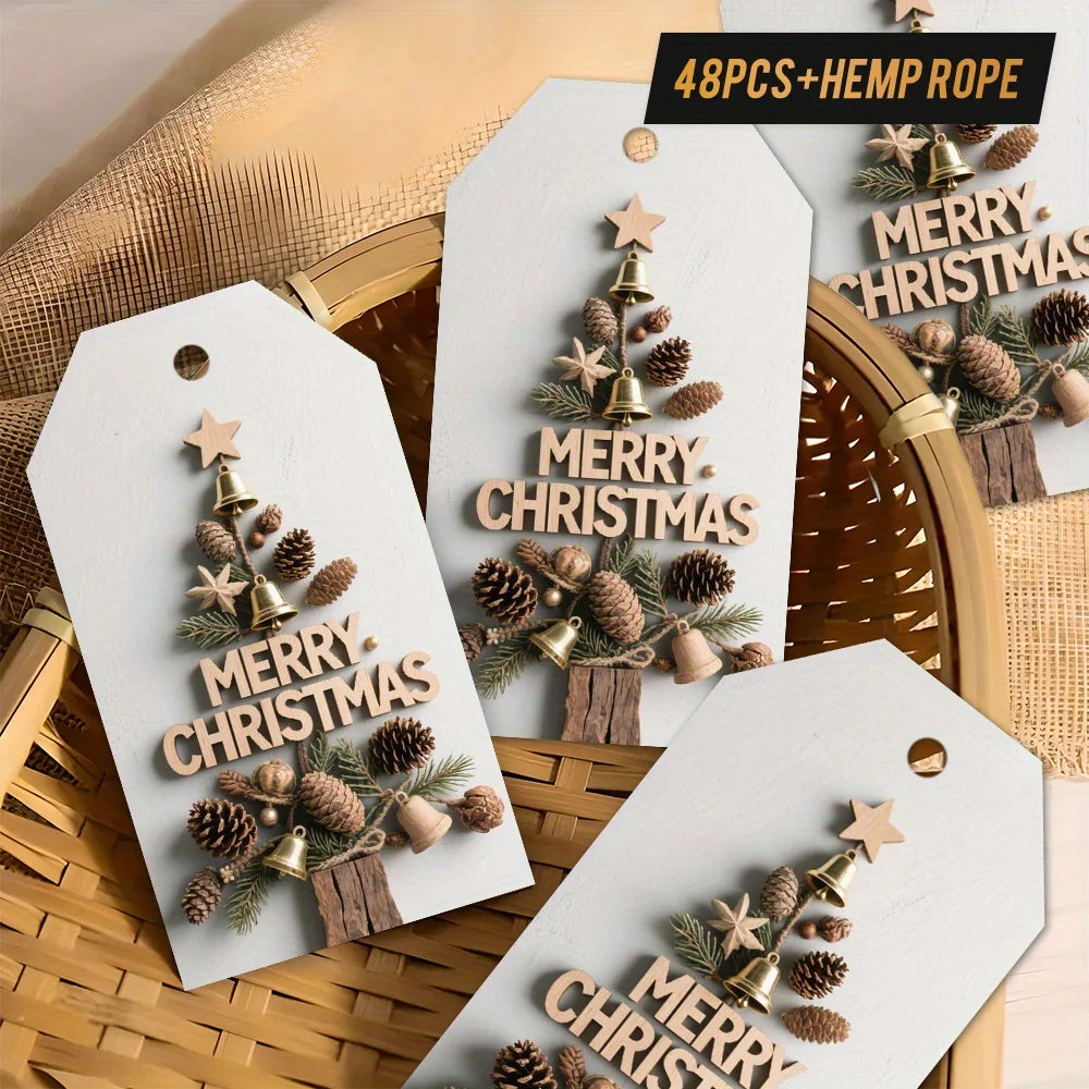 48pcs Vintage Christmas Gift Tags with Hemp Rope Classic Holiday Tags Tree Decorations Presents Packaging Label Party Decoration Qme
