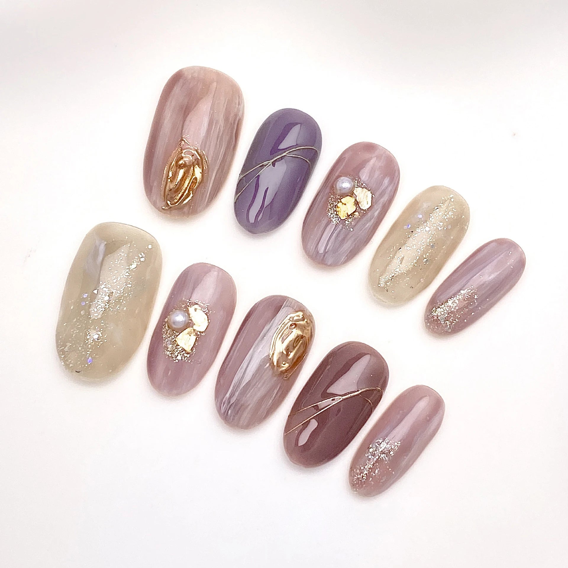 Fantasy Purple Pink Handmade Nails Tips Flower Short Oval False Nail Qme GJ-CDJ-ZB158-S