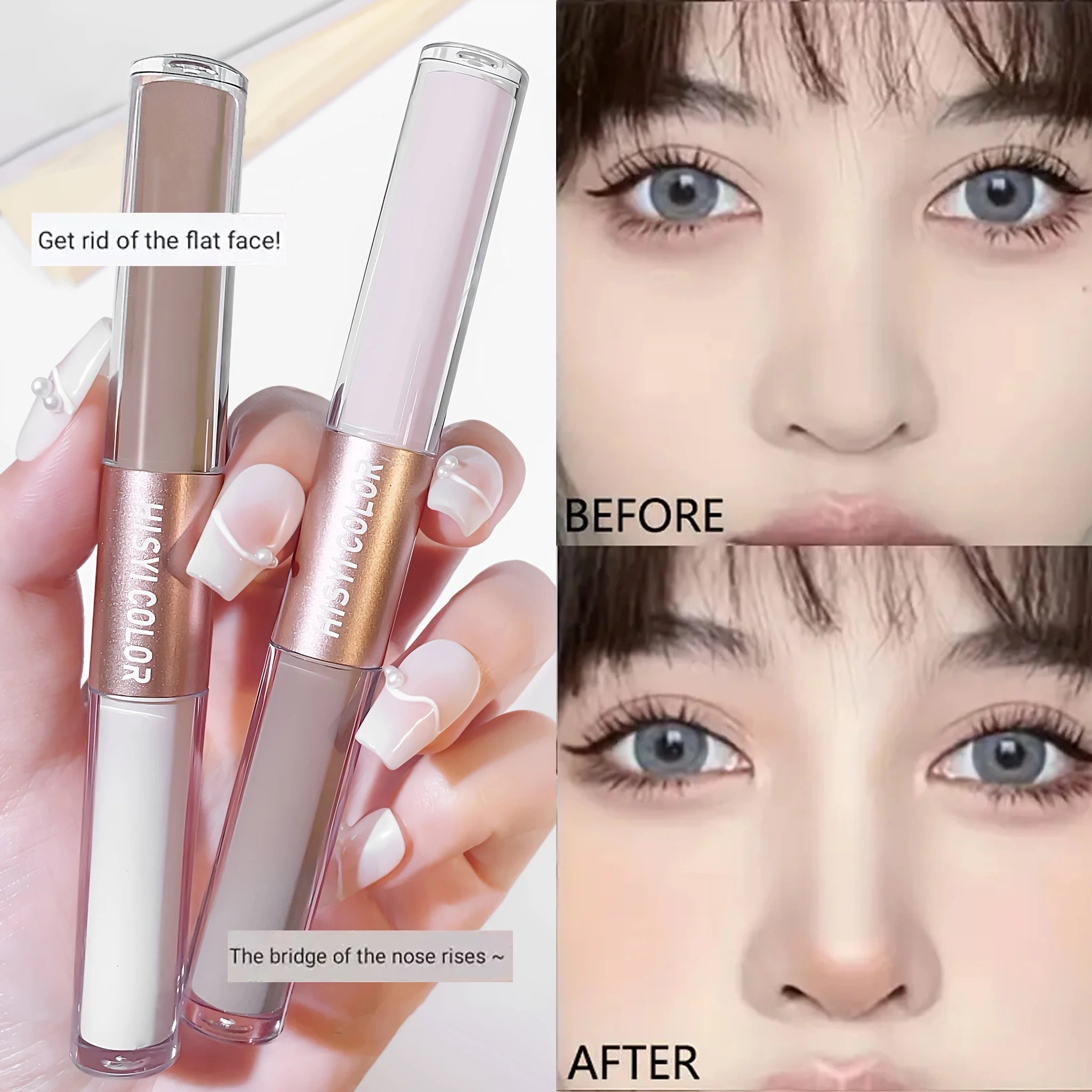 Double-headed high-gloss contouring stick, one stick to complete lifting and contouring, 3D nose bridge & V-shaped face makeup Qme