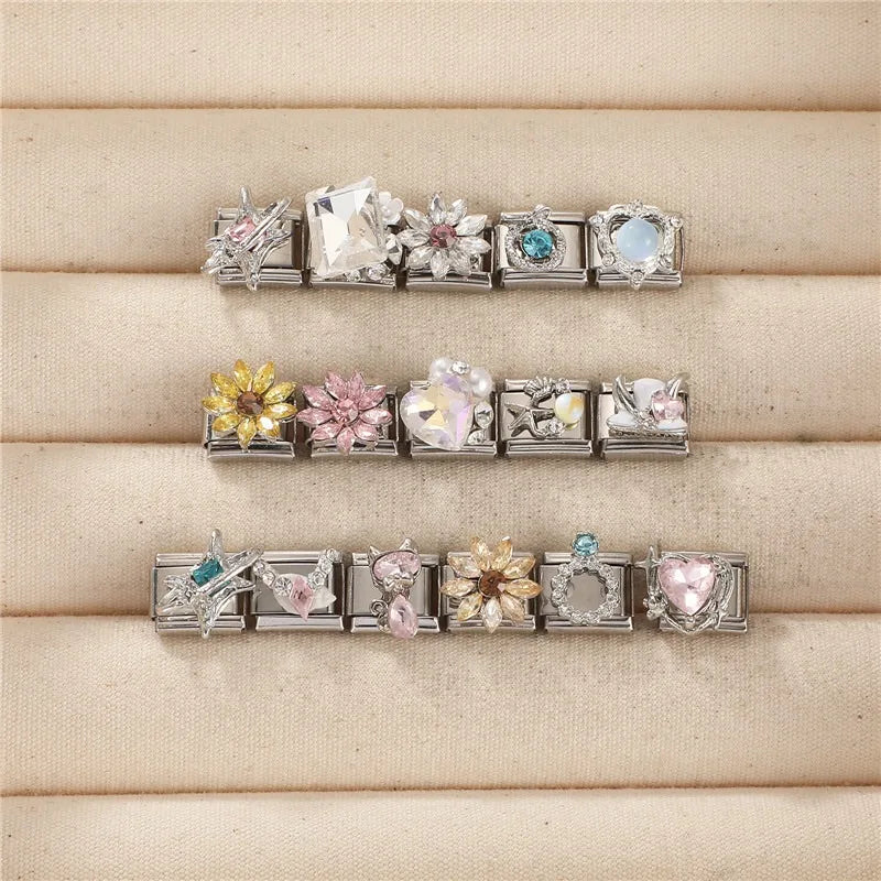 2026 Women Fashion Romantic Blue Heart Love Stars Square Shiny Zircon Italian Charms Fit 9mm Stainless Steel Bracelet Jewelry Qme