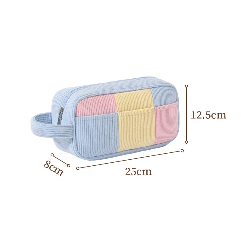 A New double-layer makeup bag, corduroy travel partition makeup brush storage bag, handheld large capacity toiletry bag Qme Portable Blue