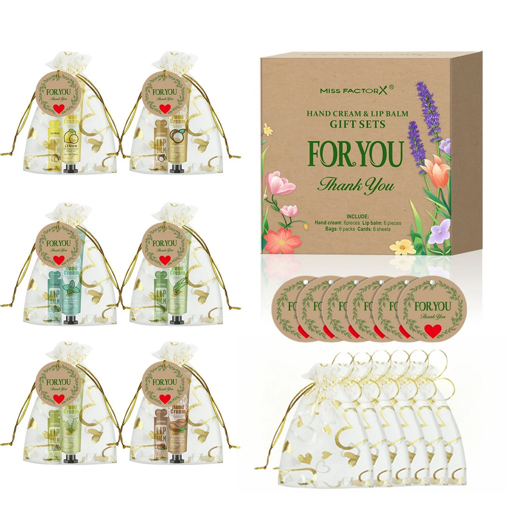 6 Sets/Box Wedding Companion Gift Set, Hand Cream Set Lip Balm Set, Love Thank You Card and Love Gauze Bag, Party Gift Distribut Qme 6 sets gift set