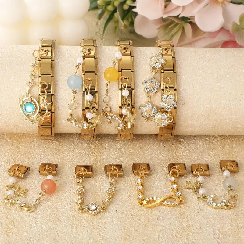 Retro Pearl Stars Moon Shiny Zircon Gold Color Chain Tassel Italian Charm Link Fit 9MM Stainless Steel Bracelet Women DIY Making Qme