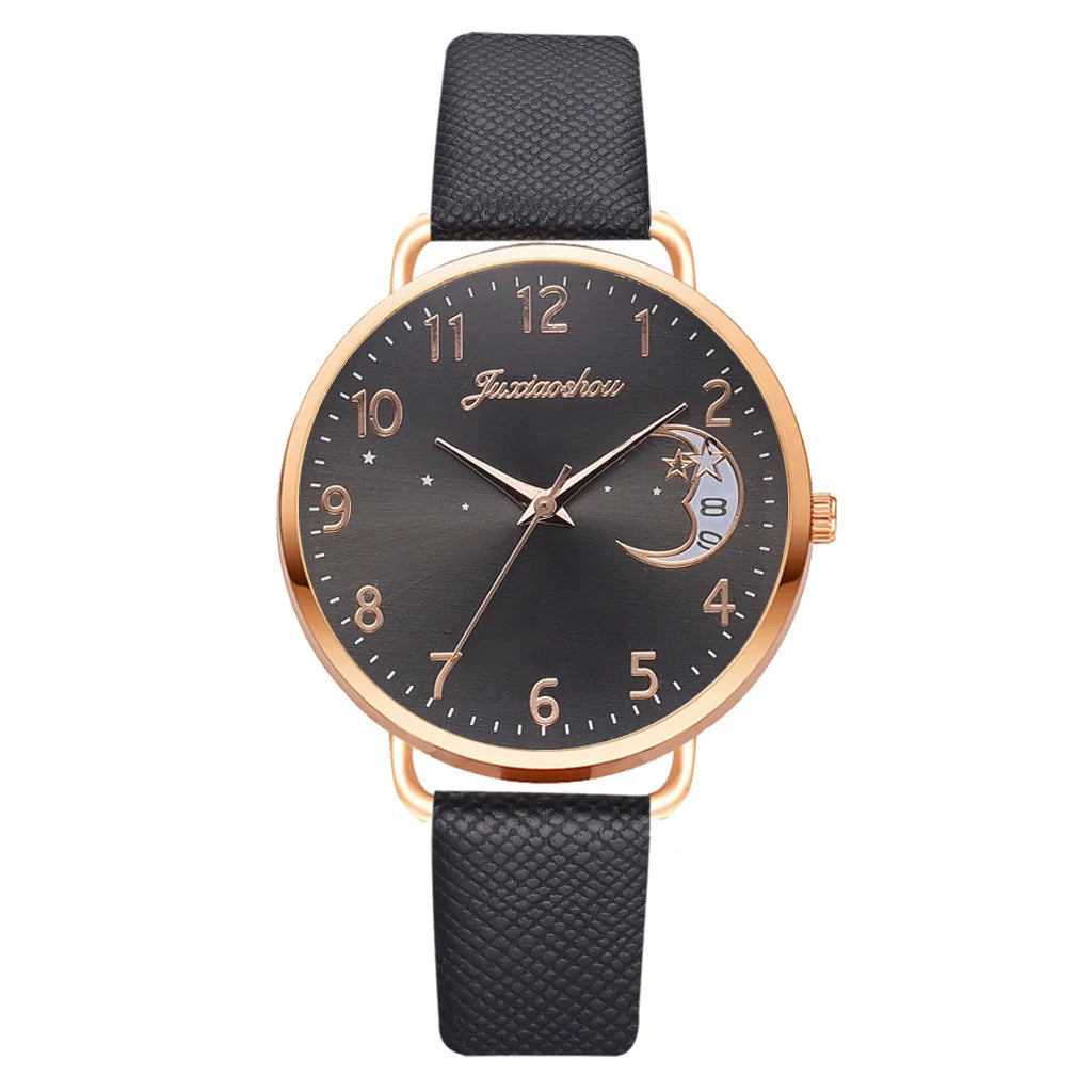 1-piece casual women's watch, moon digital dial, women's leather strap, quartz watch, women's watch Qme black No