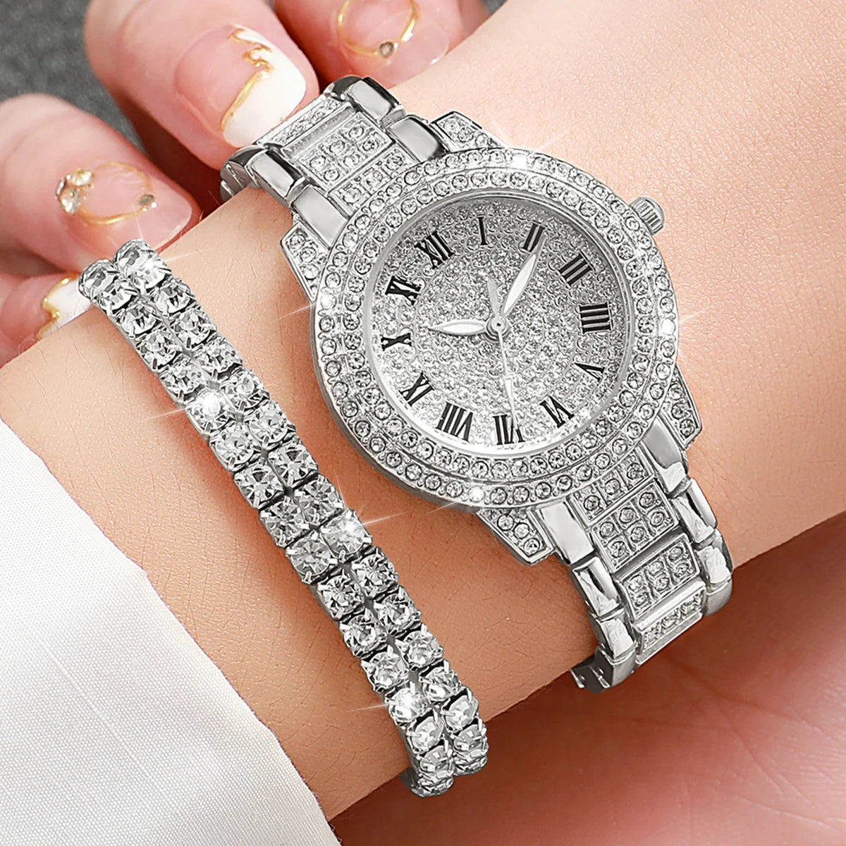 Full diamond silver shell Roman dial women's steel strap watch square rhinestone jewelry five piece set, not including gift box Qme