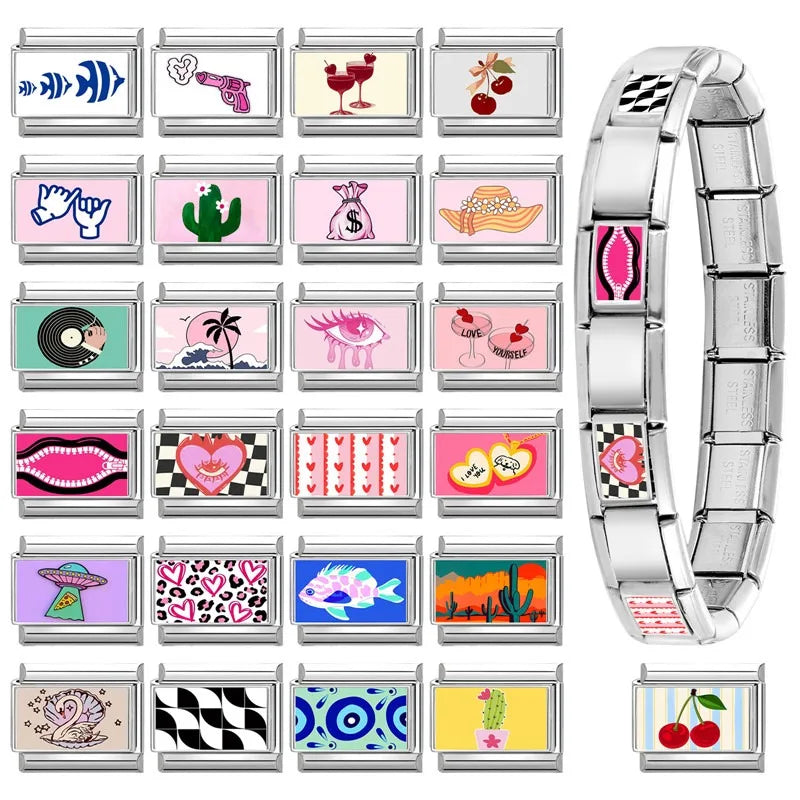 New Y2K Design Pink Heart Leopard CD Lips Hat Italian Charm Links Fit 9mm Stainless Steel Bracelet Women Men DIY Making Gift Qme