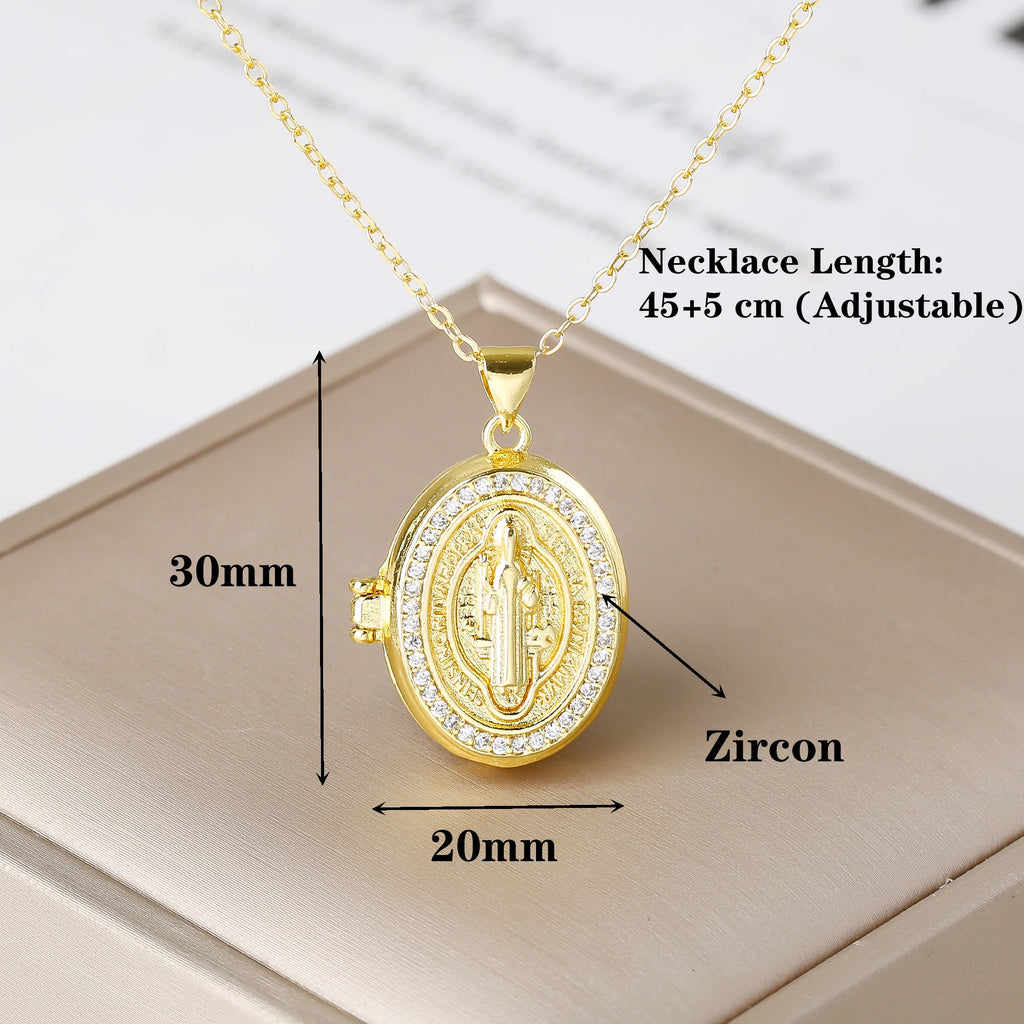 New Trendy Openable Religious Virgin Mary Saint Jude Zircon Photo Box Pendant Necklace for Female Male Daily Party Jewelry Qme