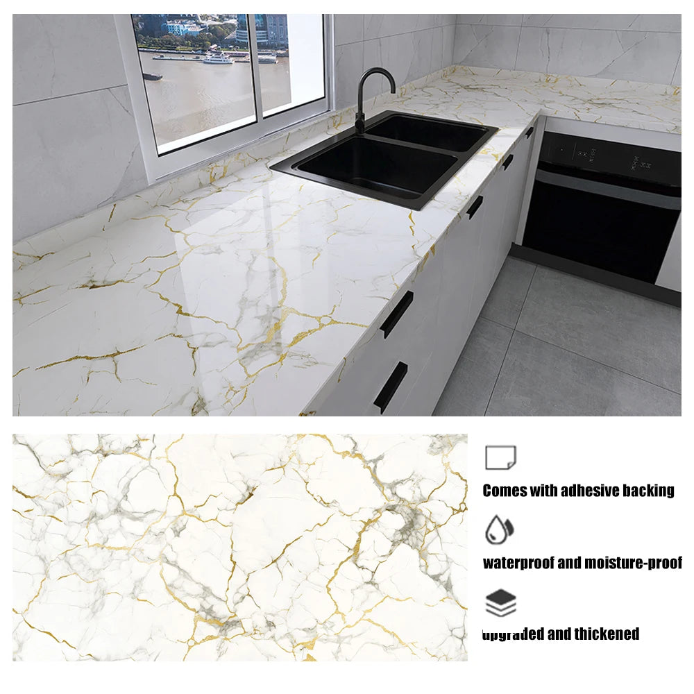 European Style Self Adhesive Wall Sticker Heat Resistant Moisture Proof Wallpaper Marble Pattern for Bedroom Living Room Kitchen Qme 11 40cmX3m