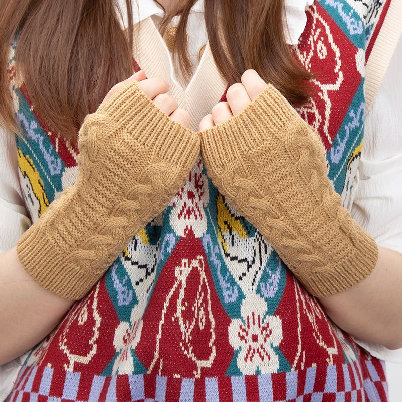 Women Knitted Fingerless Gloves Hand Warmer Winter Gloves Short Arm Sleeve Solid Color Work Mittens Casual Soft Female Gloves Qme