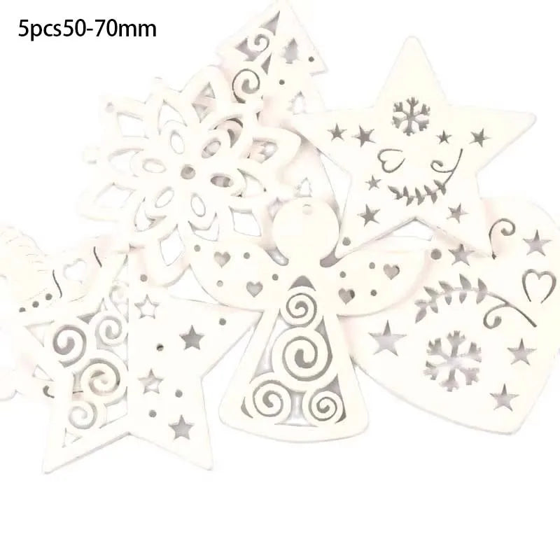5pcs+1m hemp rope Christmas Tree Ornament Wooden Hanging Pendants White angels/stars/snowflakes Christmas Decorations for Home Qme