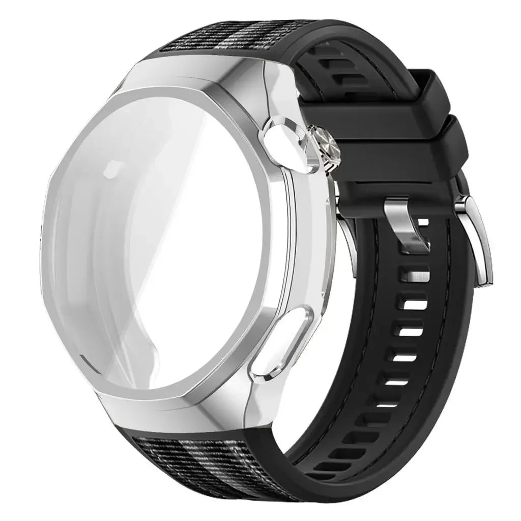 TPU Case+Strap For Huawei GT6 Pro 46mm Soft Silicone+Nylon Woven Bracelet Band With TPU Protector Bumper Shell Cover Qme Black-S For GT6 Pro 46mm