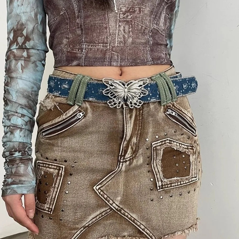 Fashion Sequins Butterfly Belt Y2K Hip Hop Wide Belt Punk Korean Style Denim Waistbands Daily Qme