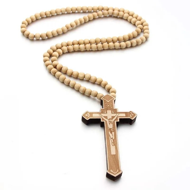 Wooden Rosary Pendant Cosplay Religious Antique Cool Cross Necklace Beads Catholic God Bless Jewelry Trend Fashion Festival Gift Qme