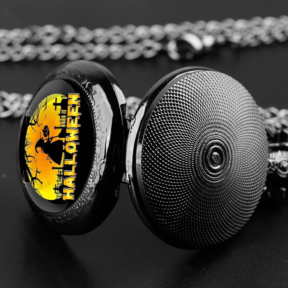 Black quartz pocket watch with Halloween glass dome, Arabic numeral dial and durable chain Qme