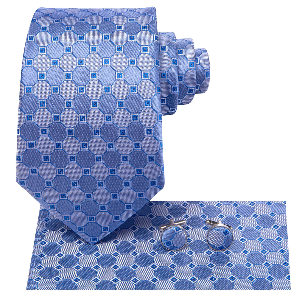 Hi-Tie Fashion 8.5cm Blue Plaid Dots Men's Elegant Tie Handkerchief Cufflinks Set Wedding Party Accessories Gift for Men Gravats Qme