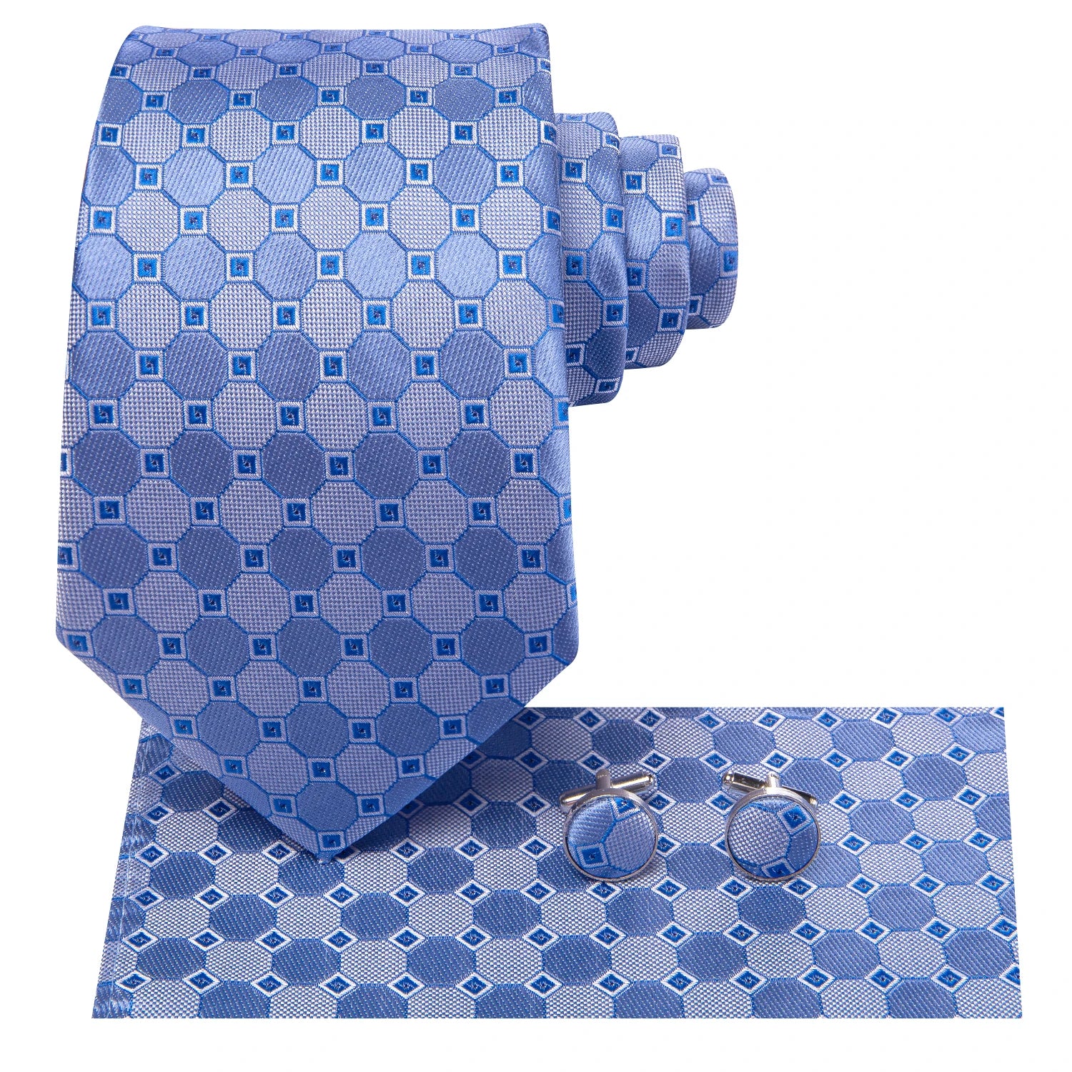 Hi-Tie Fashion 8.5cm Blue Plaid Dots Men's Elegant Tie Handkerchief Cufflinks Set Wedding Party Accessories Gift for Men Gravats Qme