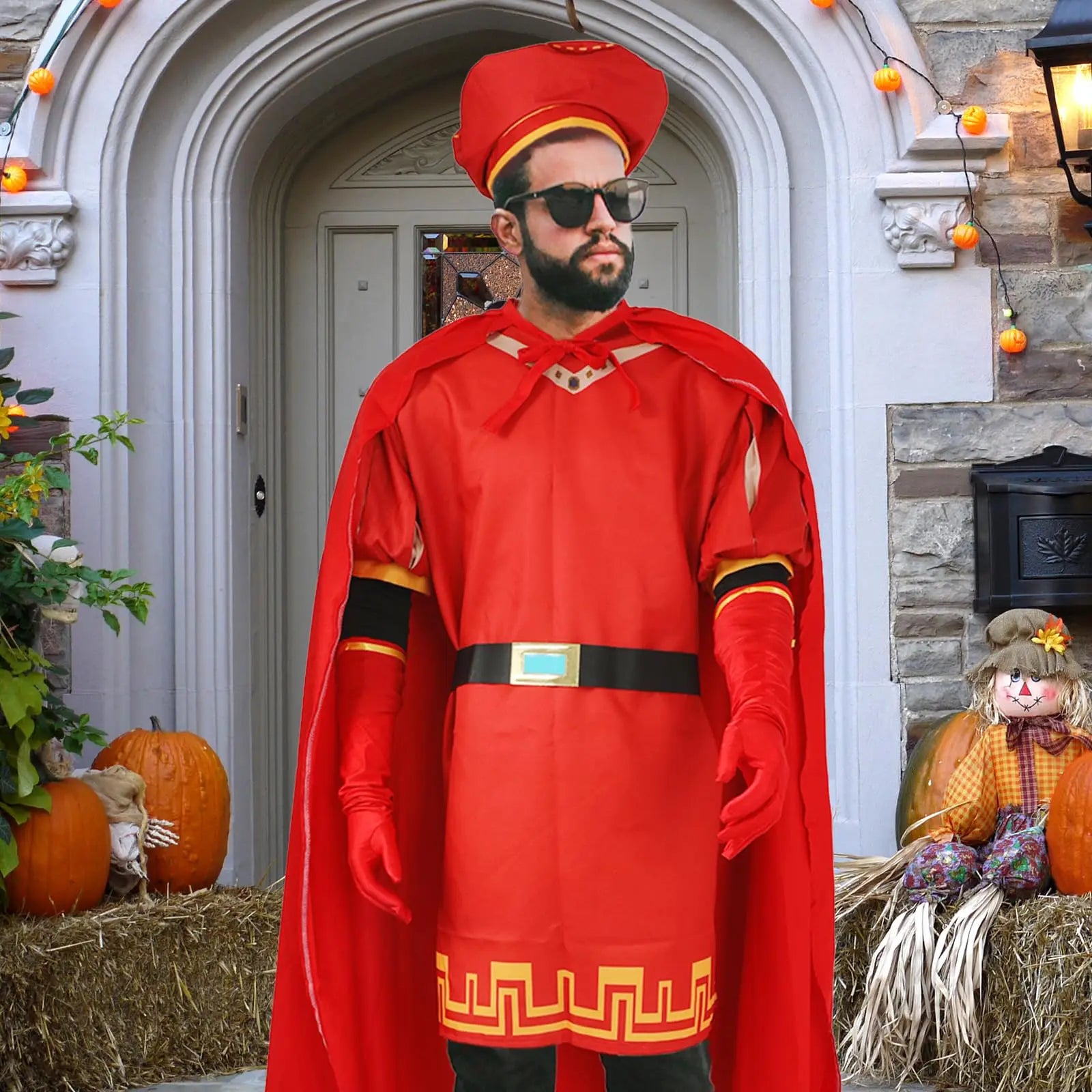 Adult Lord Farquaad Costume King Outfits Set with Red Hat Cape Gloves Belt Fancy Dress Up for Halloween Party Cosplay Costume Qme