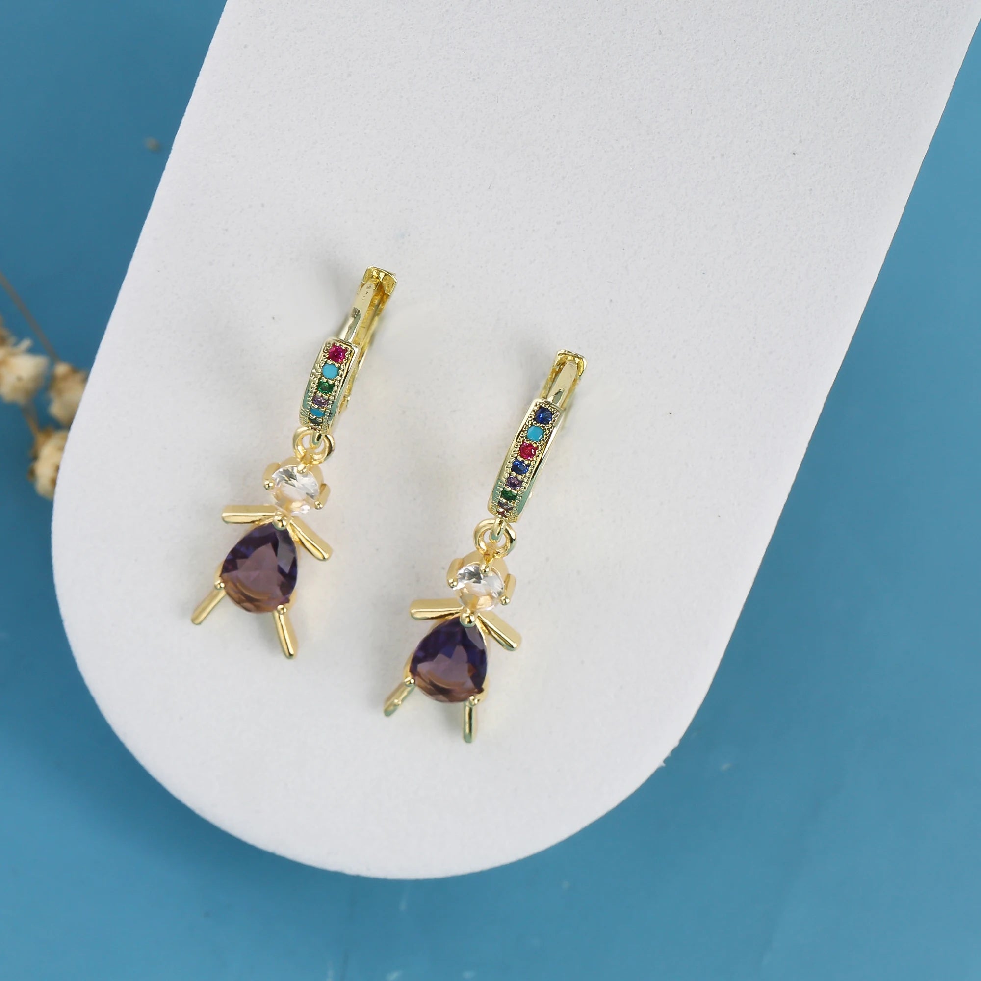 Hot Sale Cute Crystal Zirconia Design Small Doll Character Drop Earrings Simple For Woman Girl Birthday Jewelry Friendship Gift Qme Purple