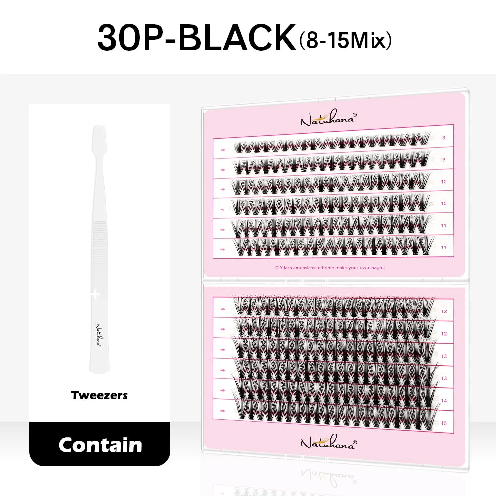 NATUHANA 10D 20D 30D 40D Cluster Eyelashes DIY Mink Individual Lashes Qme 30P Black T Mix 8-15mm
