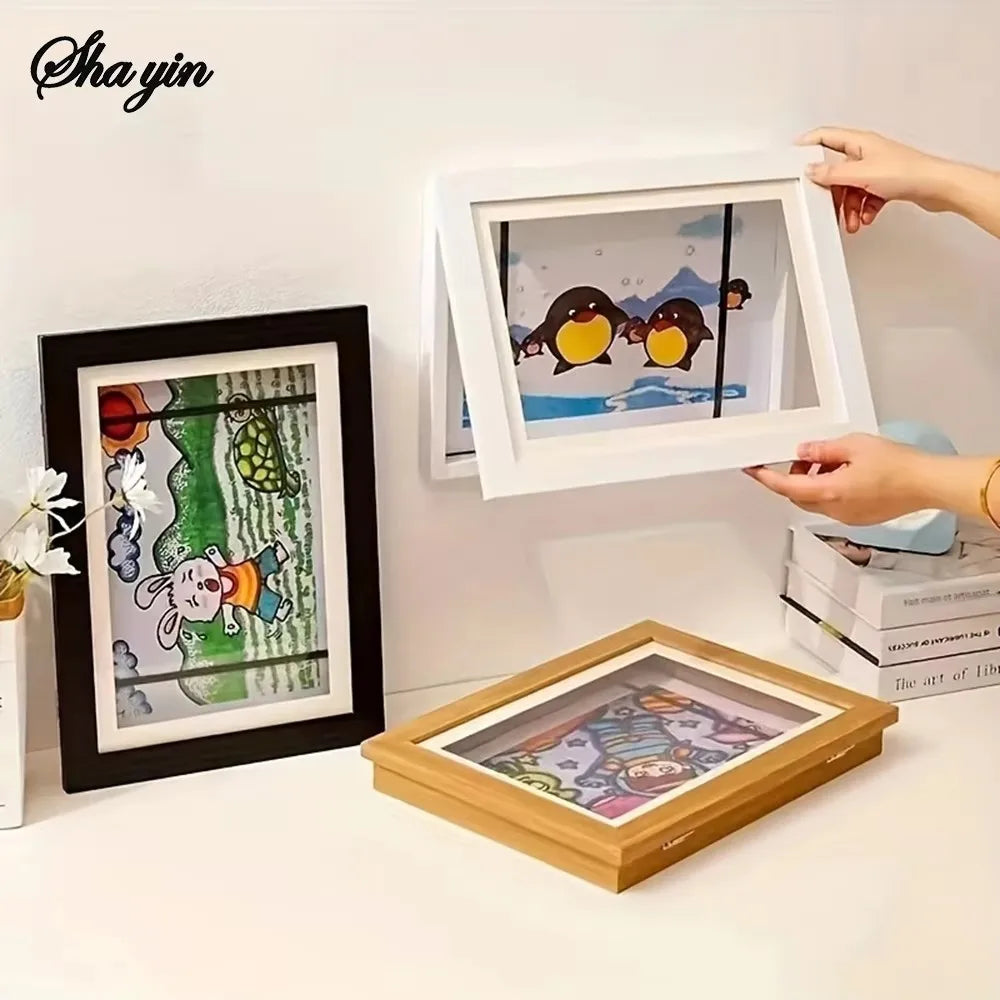 Flip Up Wooden Photo Frame, Magnetic Suction Frame, A4 Children's Photo Frame, Storage Frame, Art Work Certificate Frame Qme 2pcs Random