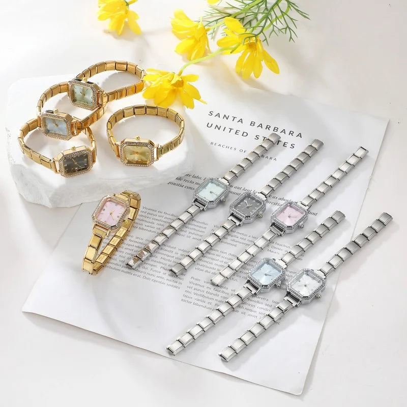 Stainless Steel Fit 9mm Watch Connector Italian Charm Links Women's Oval Square CZ Watch Header Linker Bracelet DIY Jewelry Gift Qme