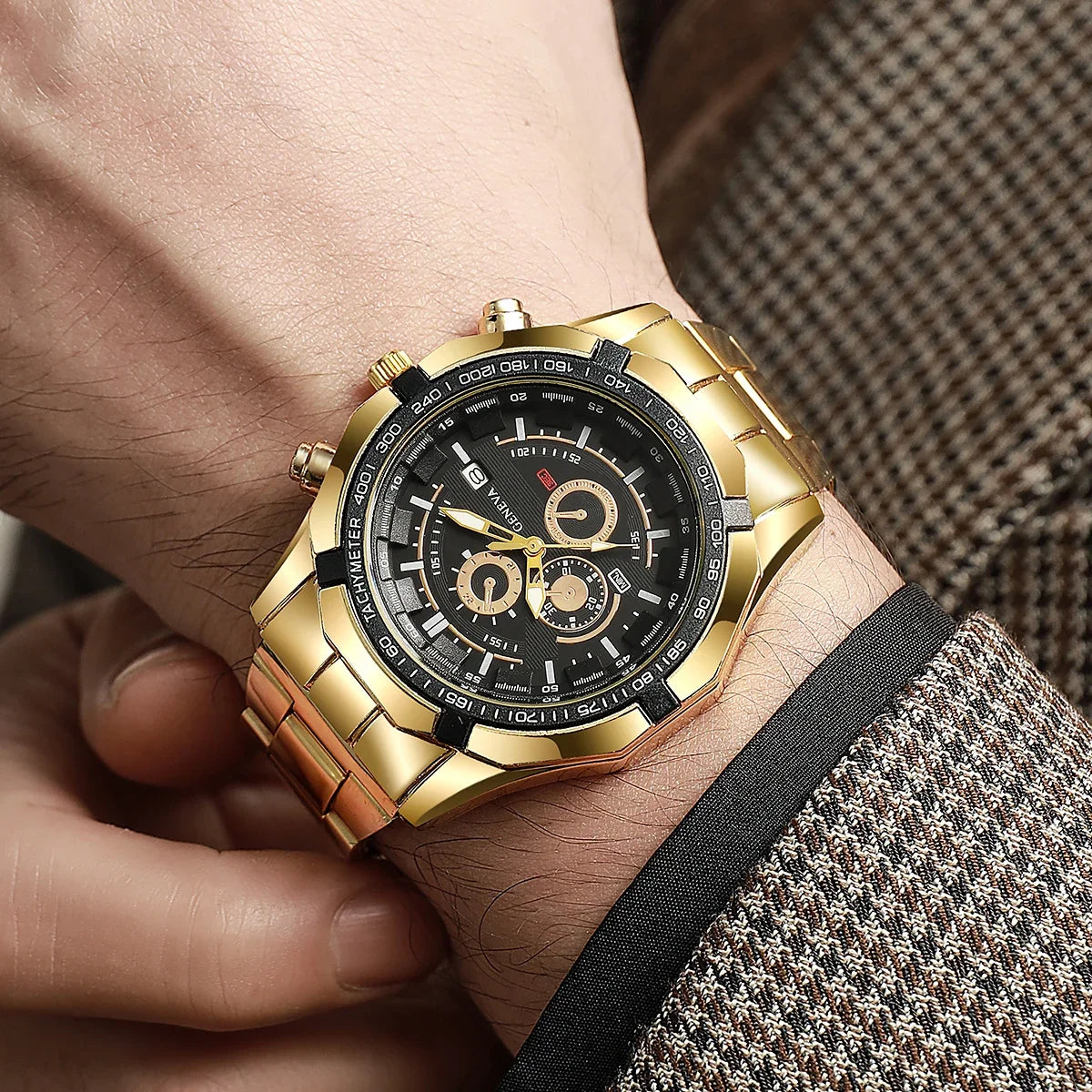 Men's Steel Belt Set Watch Fashion Three Eye Calendar Men's Watch 3pcs Quartz Watch Qme Gold