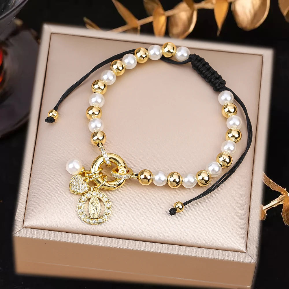 New Design Pearl Copper Braided Virgin Mary Zirconia Black Rope Bracelet Fashion For Woman Daily Party Jewelry Religious Gift Qme D