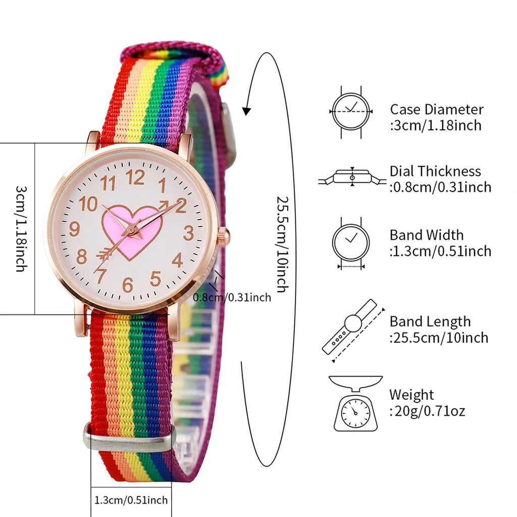 4 Pçs/set Moda Coração Dial Relógio Feminino Banda de Nylon Relógio de Quartzo Arco-íris Contas Pulseiras Conjunto Qme