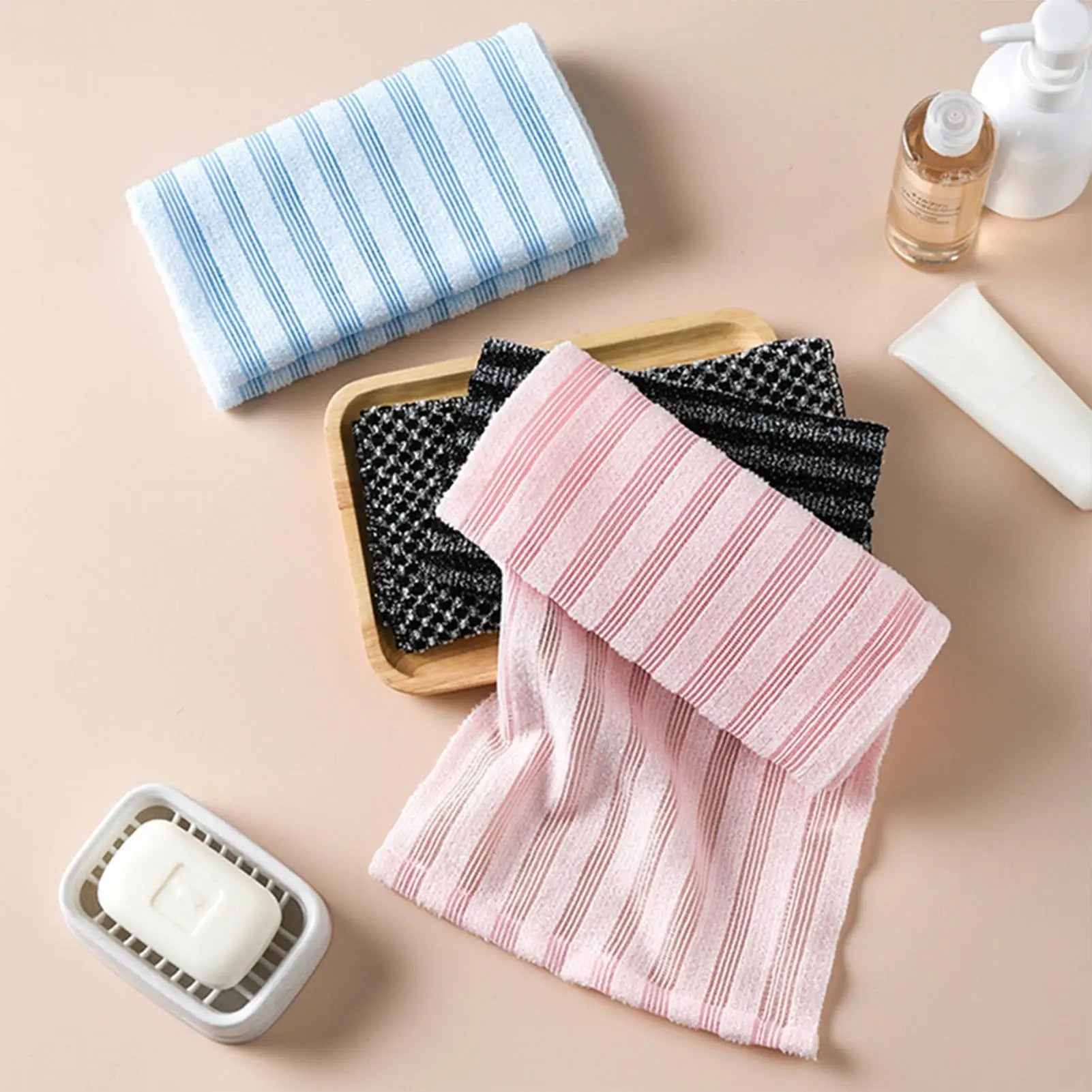 Back Scrubber for Shower Bath Body Exfoliator Wash Cloth Towel Striped Design Cleaning Tool for Home Dormitory Travel Business Qme