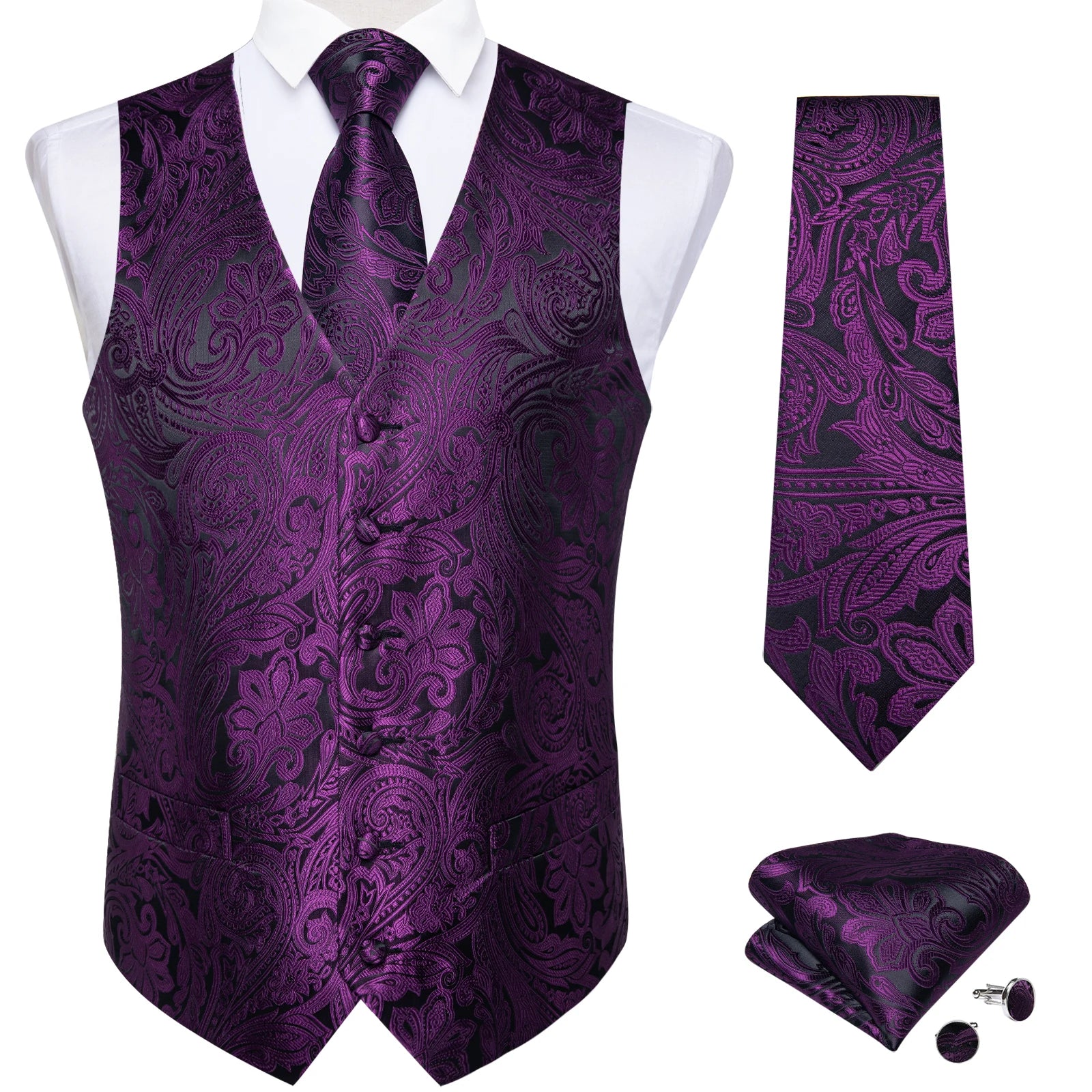 Men's Formal Suit Vest & Tie Set – Waistcoat with Necktie Pocket Square, Perfect for Weddings and Business Events Qme MJTZ0130 XXL
