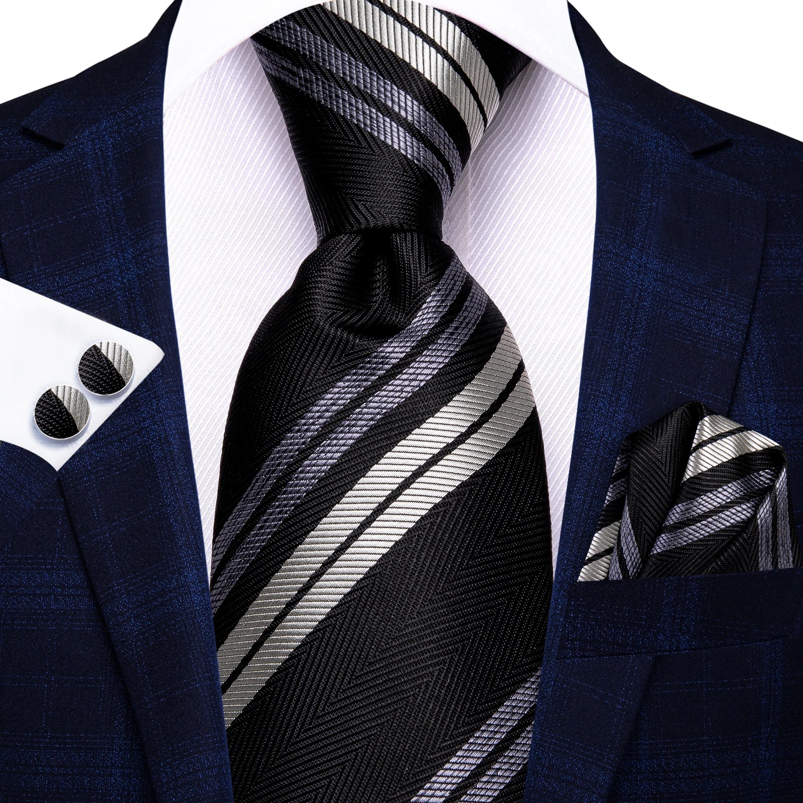 Hi-tie Fashion Black Grey Floral Mens Elegant Tie Handkerchief Qme HT-N-3985