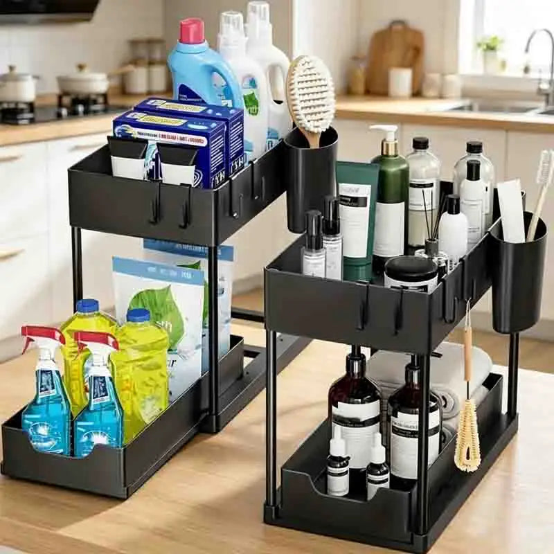 Kitchen 2 Tier with Hooks Hanging Cup Home Bathroom Organizer Under Sink Organizer Sliding Cabinet Basket Organizer Storage Rack Qme